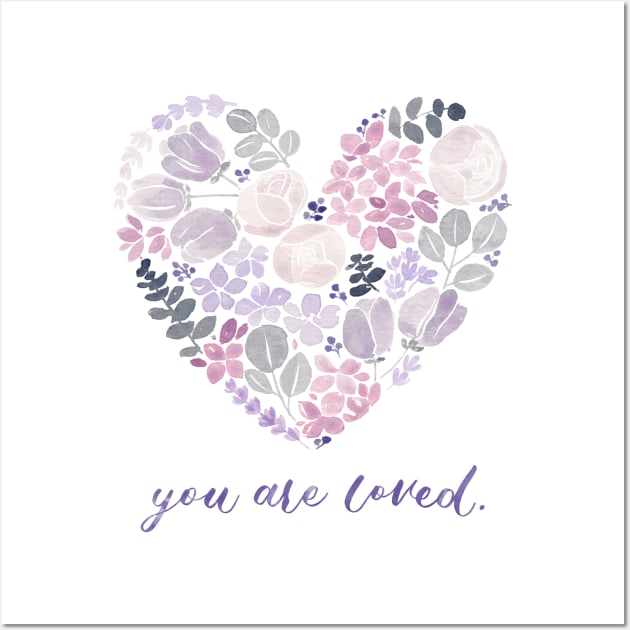 Purple Floral Heart "You are Loved" Watercolour Painting Wall Art by Flowering Words